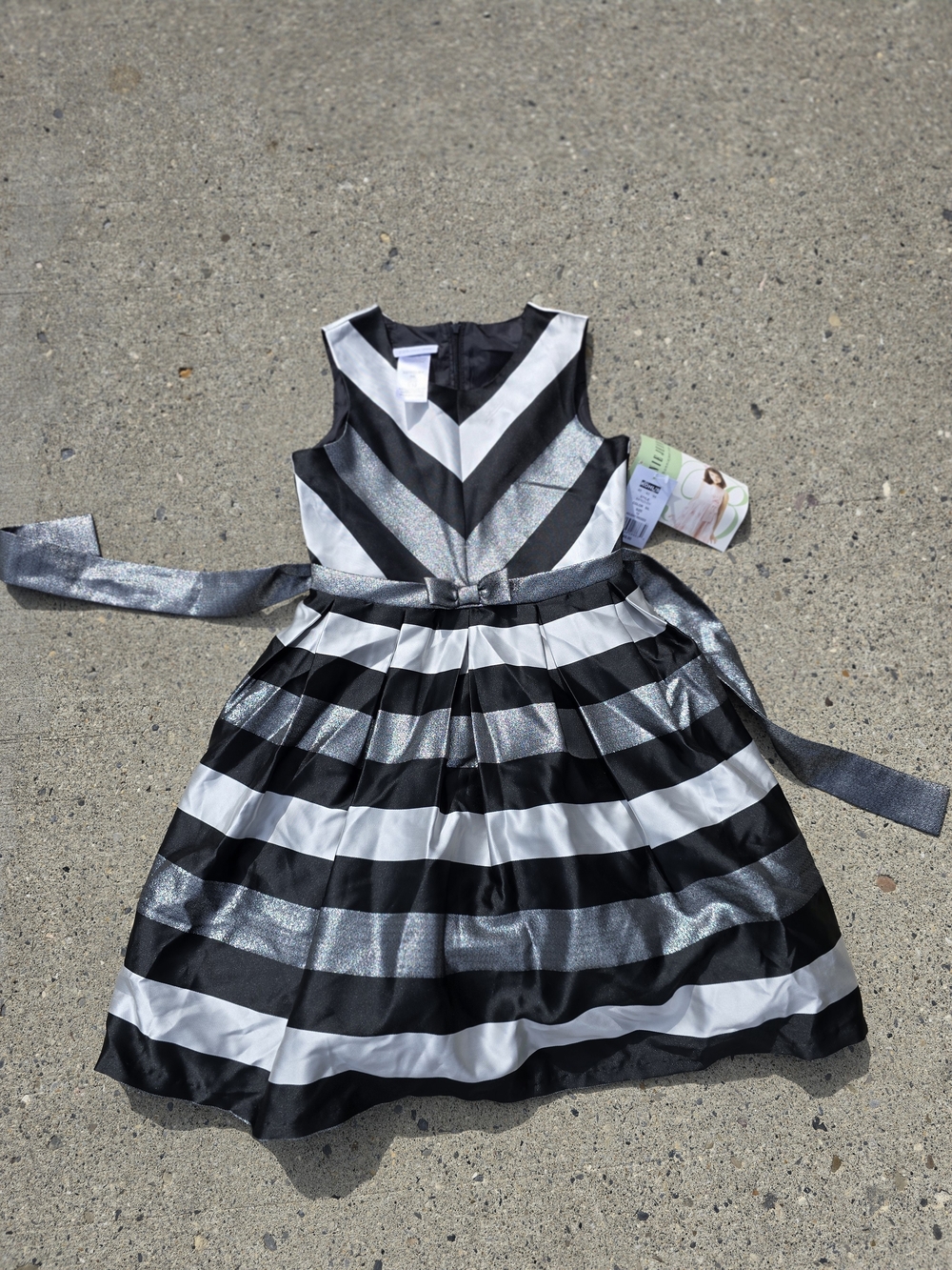 NWT Bonnie Jean Black White Metallic Striped Holiday Dress Sz 12